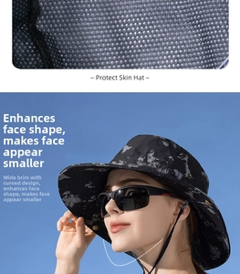 Detail of breathable mesh fabric and wide brim on camouflage sun hat with chin strap