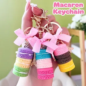 Kreativer Macaron Kuchen Schlüsselanhänger Mit Satin Schleife Und Legierung Eiffelturm Anhänger Süßer Harz Dessert Tasche Auto Ornament