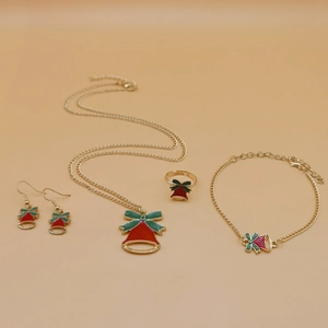Detailed Christmas jewelry set with necklace, bracelet and earrings featuring enamel bells
