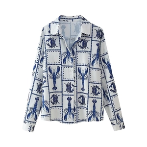 Women's two-piece casual set featuring blue lobster print V-neck shirt and pants