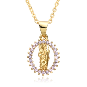 Religious saint pendant necklace in gold finish with pink cubic zirconia stones and O-chain