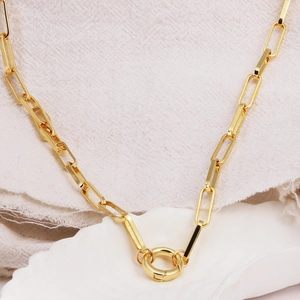 Gold-plated rectangular paperclip chain necklace featuring a round spring clasp accent