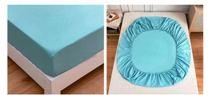 Detail of the elastic band construction and corner fit on this solid light blue fitted sheet