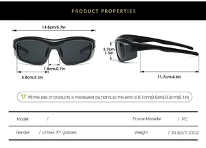 Detailed size chart for sports cycling sunglasses with frame measurements and material info