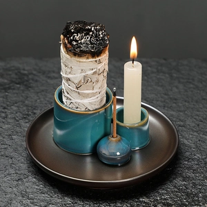 Blue ceramic incense holder set with candle holder on black tray for home decor