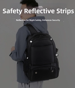 Detail of safety reflective dots on black water-resistant sports backpack for night visibility