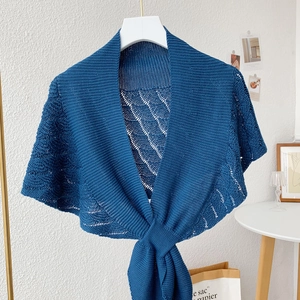 Elegant blue knit shawl scarf with lace hollow pattern and front knot tie design