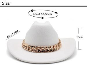 Detailed size chart for white felt fedora showing 8cm brim and 57-58cm circumference