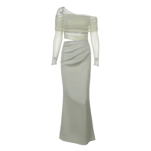 Detail of off-shoulder mesh sleeve top and matching floor-length dress on mannequin