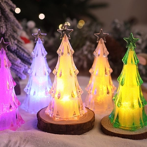 Mini acrylic LED Christmas tree night lights with colorful gradients and wooden bases