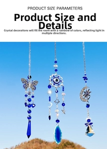 Blue evil eye butterfly suncatcher with crystal prisms hanging against the clear blue sky