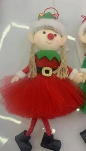 Macro shot of festive Christmas elf dolls with mesh skirts and hanging loops