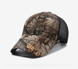 Side view of woodland camouflage trucker hat with black breathable mesh and curved brim