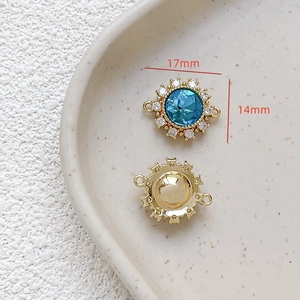 Macro detail of 18k gold plated pendant with blue zircon stone, size 17mm x 14mm