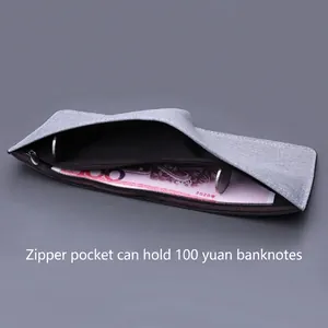 Slim grey canvas wallet for men featuring a zipper pocket and large cash compartment