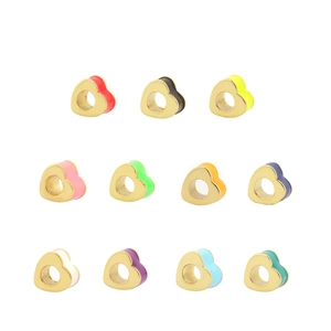 Macro shot of 11 colorful enamel heart beads for DIY jewelry making on white background