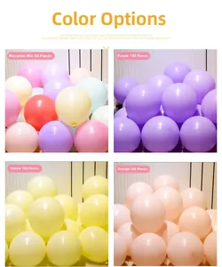 Detailed grid view of mixed macaron latex balloon sets in purple, yellow, and orange colors
