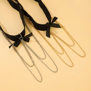 Collana choker gotica con fiocco e catene metalliche a strati in oro e argento