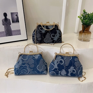 Denim jacquard handbags with auspicious cloud patterns and gold metal chain straps