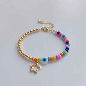 Bohemian 18K gold plated beaded bracelet with colorful evil eye and star pendant