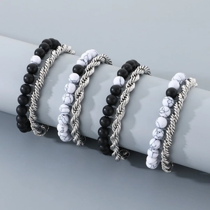 Men's double-layered bracelet set with turquoise black agate beads and stainless steel rope