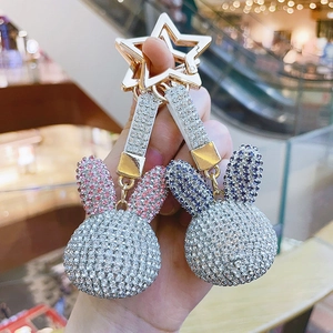 Rhinestone Cute Rabbit Head Keychain Shiny Alloy Bunny Bag Charm Star Clasp Luxury Car Key Ring Decorative Pendant For Women Jewelry Gift