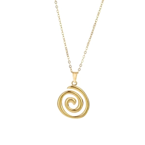 Polished 18K gold plated stainless steel vortex pendant necklace on white background