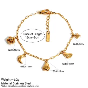 Golden stainless steel charm bracelet with rose, moon, and star pendants for women