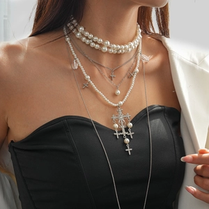 Elegant multi-layer pearl necklace set with cross pendants and rhinestone accents