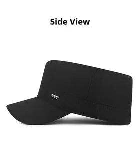 Side view of black winter cadet cap showing durable twill texture and metal plate detail