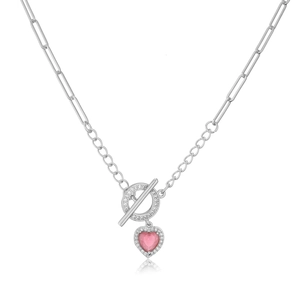 Detail of 18K gold plated OT clasp necklace with pink heart pendant and paperclip chain