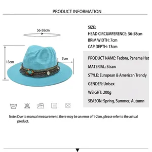 Vintage straw jazz fedora hat with ethnic beads and tassel in light blue for unisex wear