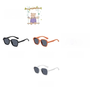 Collection of square retro kids sunglasses in black, orange, yellow, and white frames