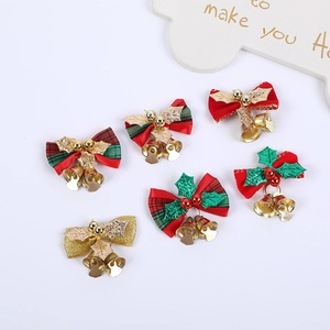 Set of 6 Christmas bow bell ornaments with red, green plaid and gold ribbon designs