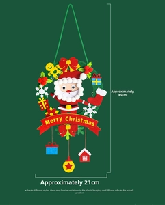Detail view of DIY Christmas felt wreath with Santa and gingerbread man measurements