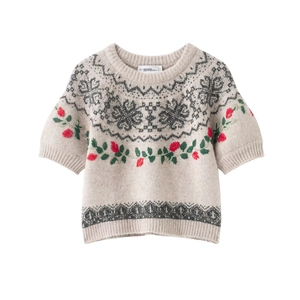 Women Short Sleeve Knitted Sweater Retro Floral Embroidery Nordic Jacquard Pullover Round Neck Vintage Knit Top