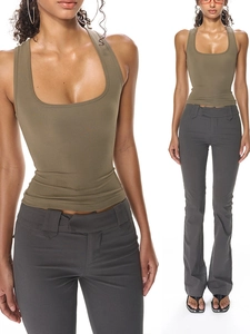 Ensemble débardeur vert olive et pantalon évasé gris foncé à taille haute femme