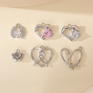 Set of silver heart pendants with pink and clear zircons for DIY jewelry making