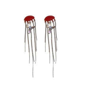 Elegant red lips and silver butterfly drop earrings with long crystal tassels for women