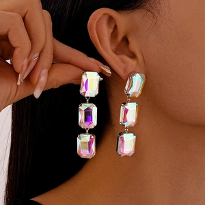 Elegant geometric drop earrings with three large iridescent square crystals for women