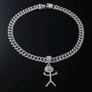 Hip-hop silver Cuban chain with a full diamond-encrusted cartoon character pendant