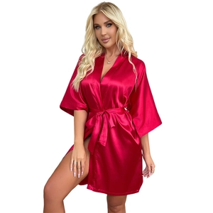 Elegant red satin kimono bathrobe for women with silk-like finish and tie waist belt
