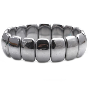 Minimalist men's hematite bracelet with metallic rectangular beads on white background