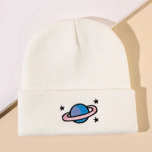 Winter white knit beanie with colorful planet and stars embroidery for casual warmth