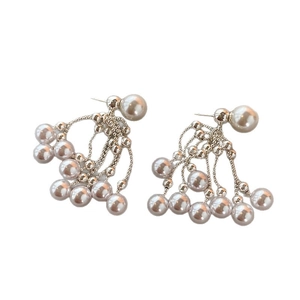 French vintage silver needle double pearl tassel earrings with fine metal chains