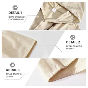 Beige cotton linen short sleeve hooded shirt for men with drawstring and buttons