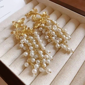 Vintage gold leaf earrings with pearl grape cluster tassels in elegant French style