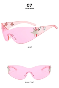 Detailed views of pink Y2K star sunglasses with silver star decor and wrap lenses