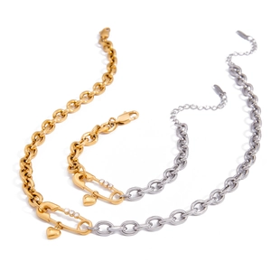 Two-tone 18K gold and silver paperclip chain necklace set with heart charm and zircon accent