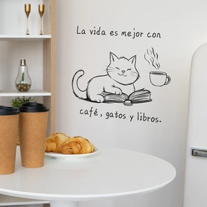 Cozy lifestyle wall decal featuring a cat, coffee cup and Spanish literary quote